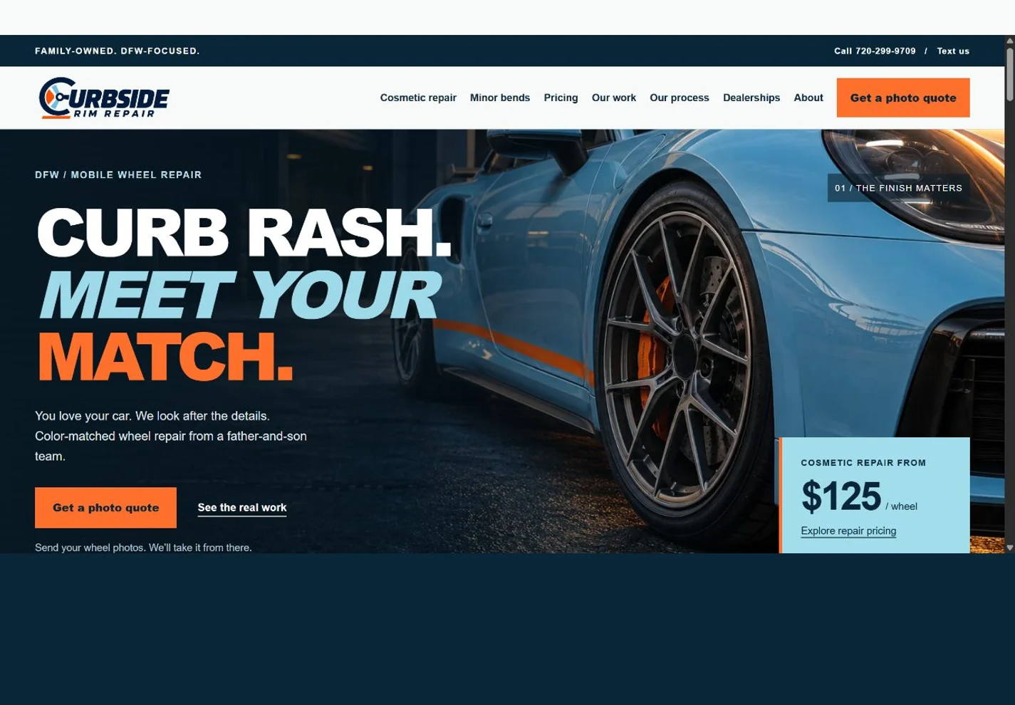 Curbside Rim Repair website with clear repair services and a photo-quote invitation
