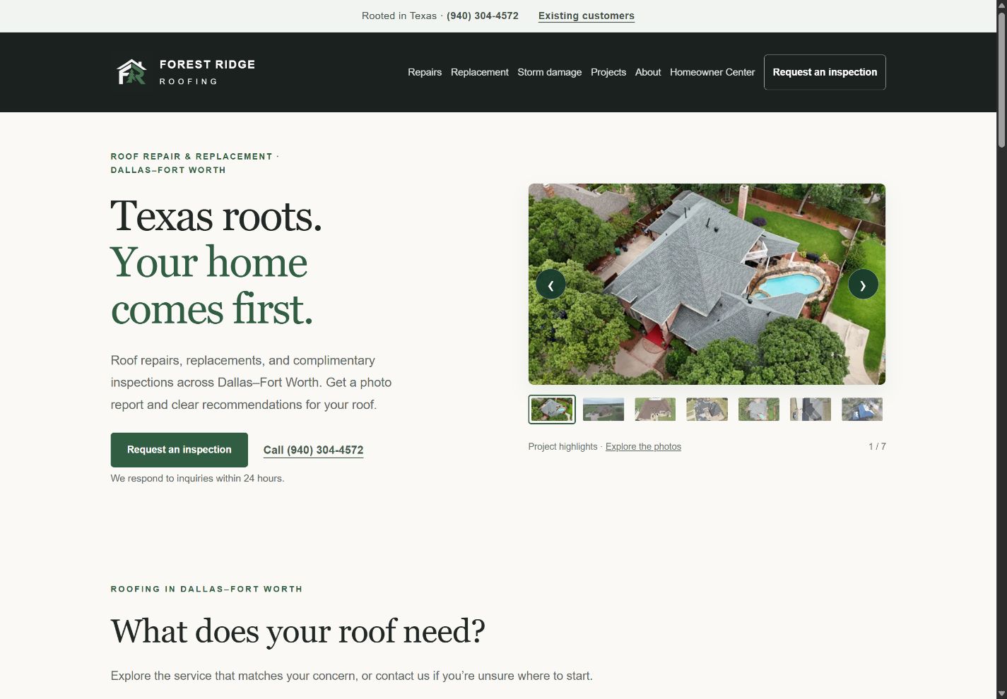 Forest Ridge Roofing homepage with an aerial photo of a completed roof