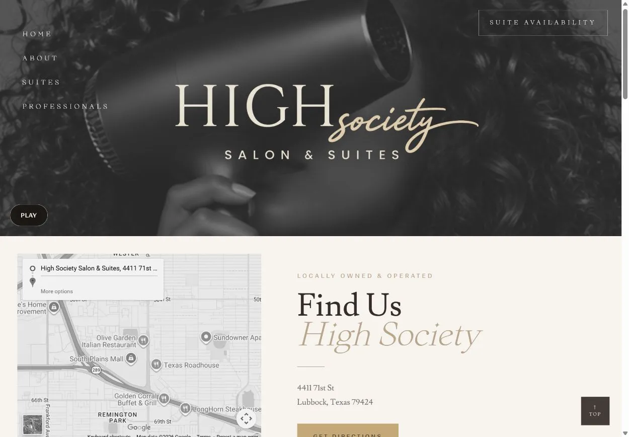 High Society Salon & Suites desktop homepage